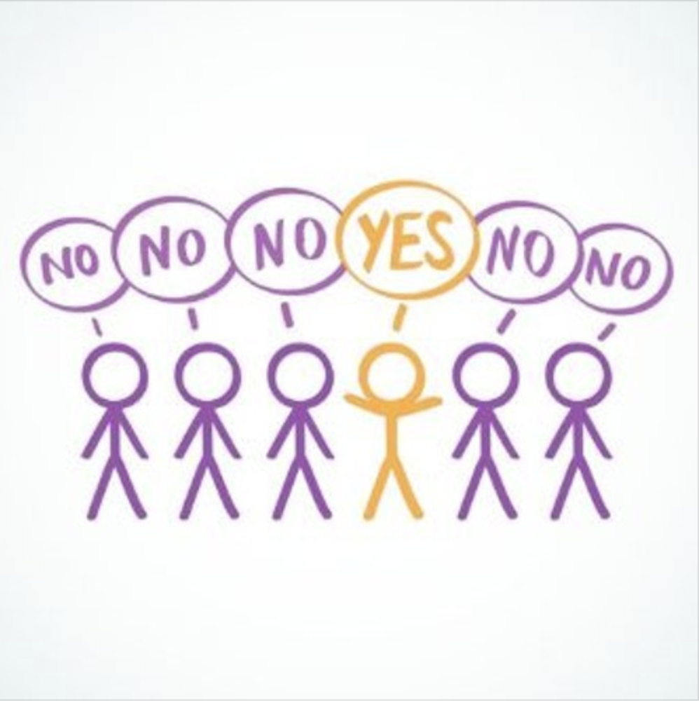 Stick Figures all saying no with one saying yes.